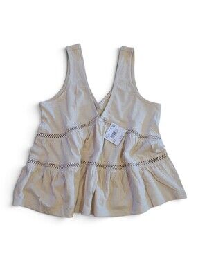 Women's AE Sunchaser Lace Babydoll Plunge Tank Top 100% Cotton Ivory Blue XS NWT